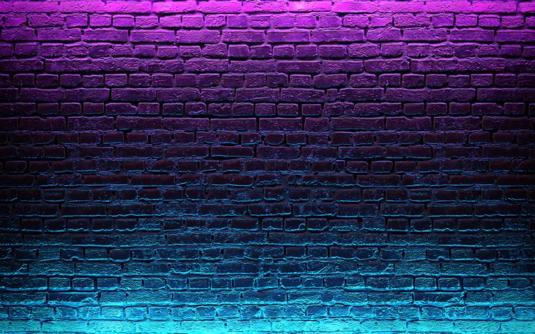 Modern futuristic neon lights on old grunge brick wall room background ...